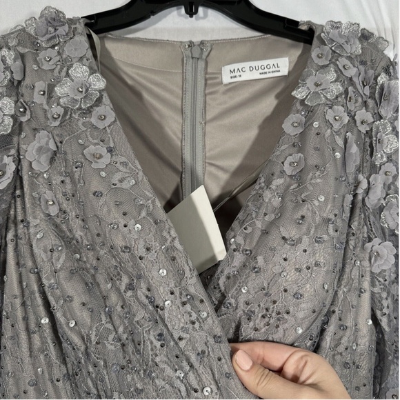 NWT $538 Mac Duggal [ 12 ]‎ Floral Embellished Lace A-Line Dress Sterling Grey - Picture 13 of 16